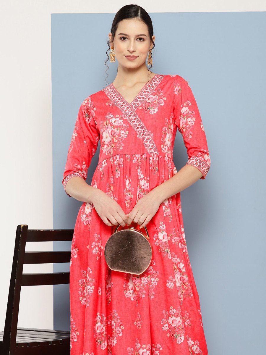 Ahalyaa Floral Printed Pleated Maxi Empire Ethnic Dress - Distacart