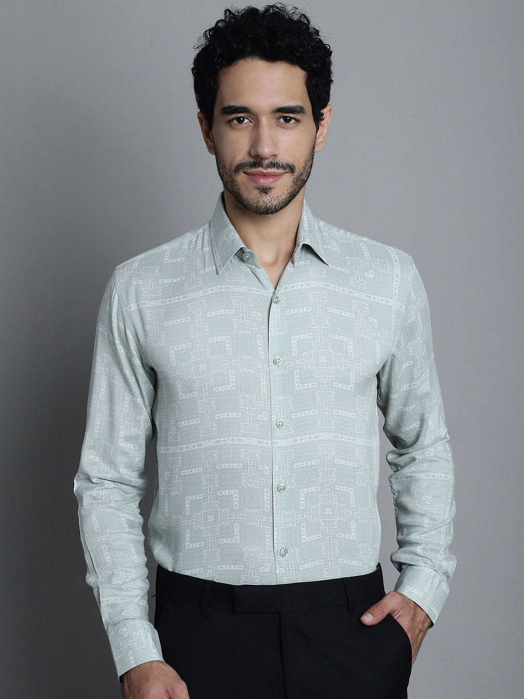 Jainish Men's Geomatric Printed Formal Shirts - Pista - Distacart