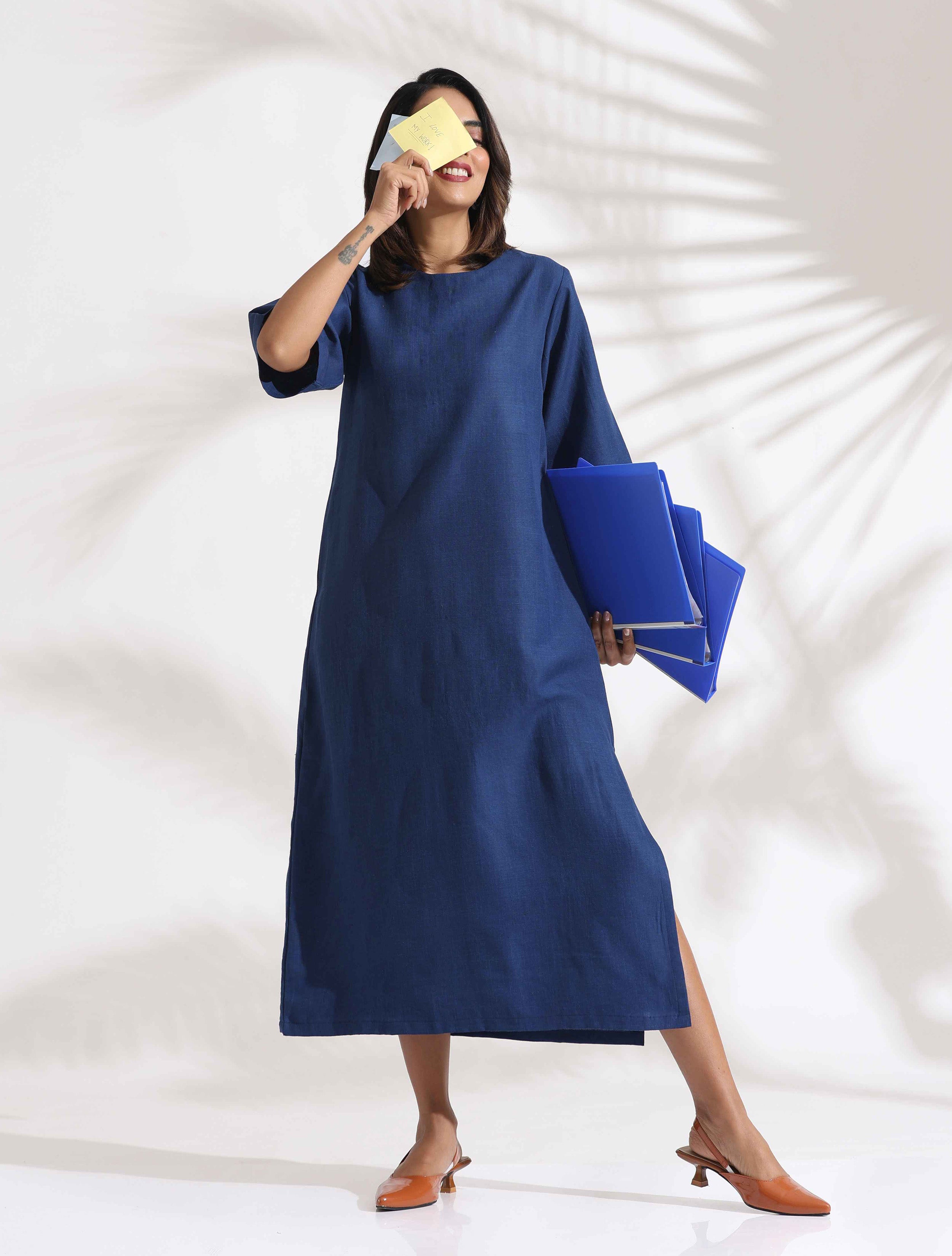 trueBrowns Blue Slub Dress - Distacart