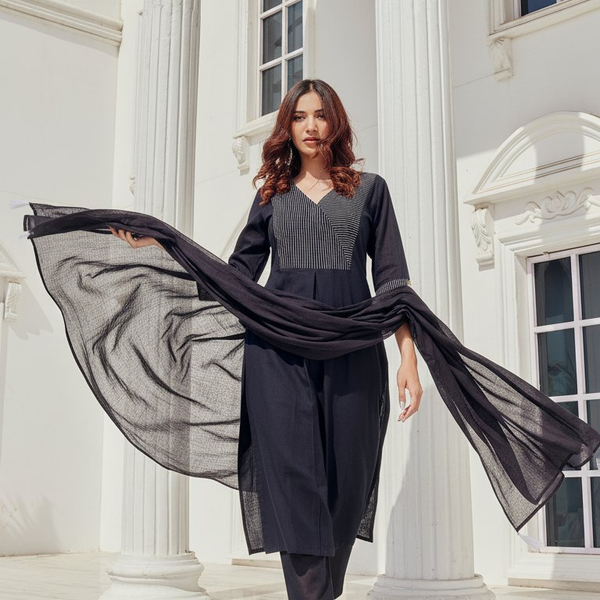 BulBul Khushi Black Cotton Kurta Set with Dupatta
