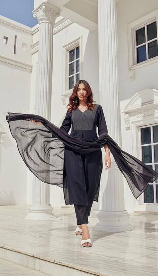 BulBul Khushi Black Cotton Kurta Set with Dupatta