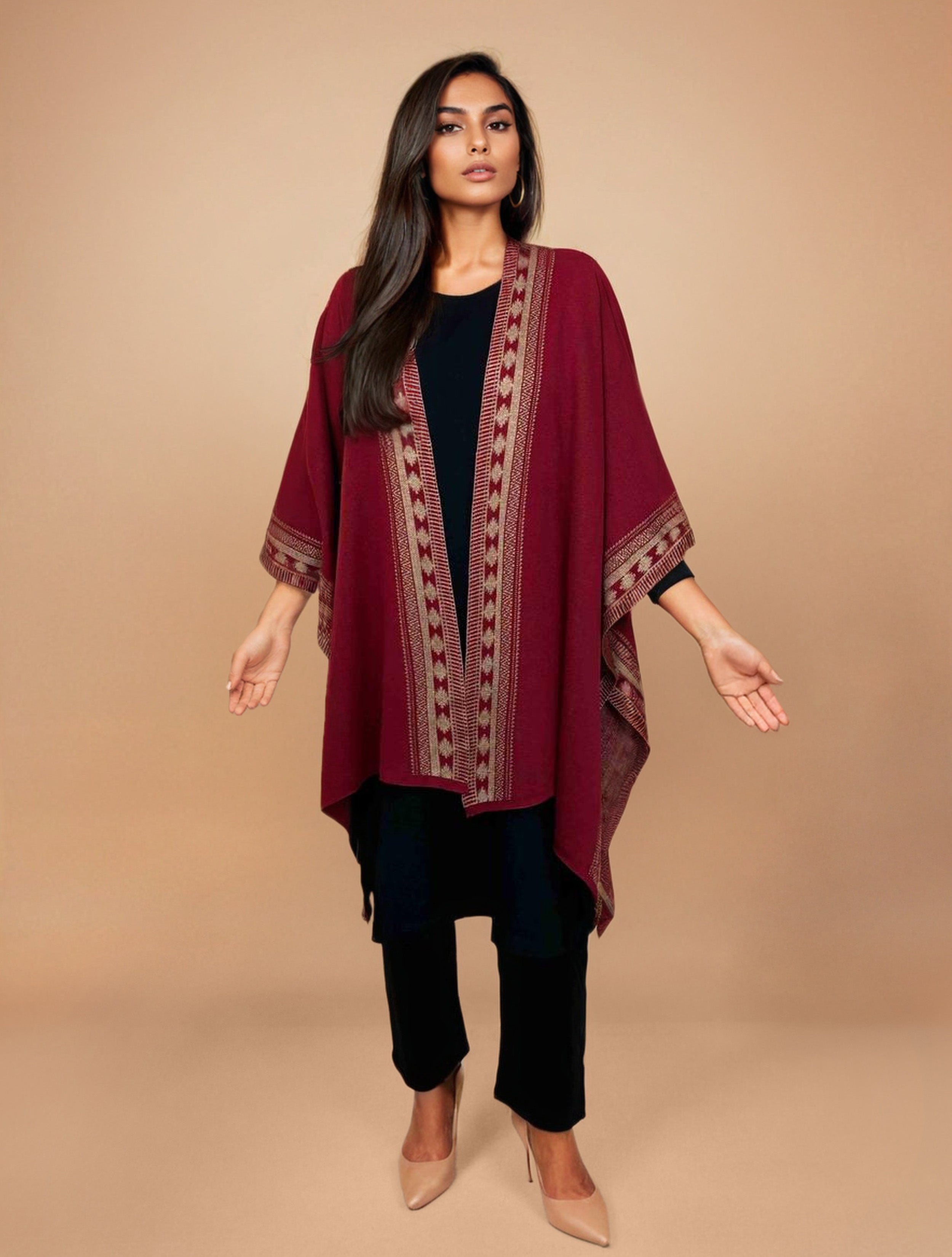 trueBrowns Maroon Woollen Geometric Kaftan Cape - Distacart
