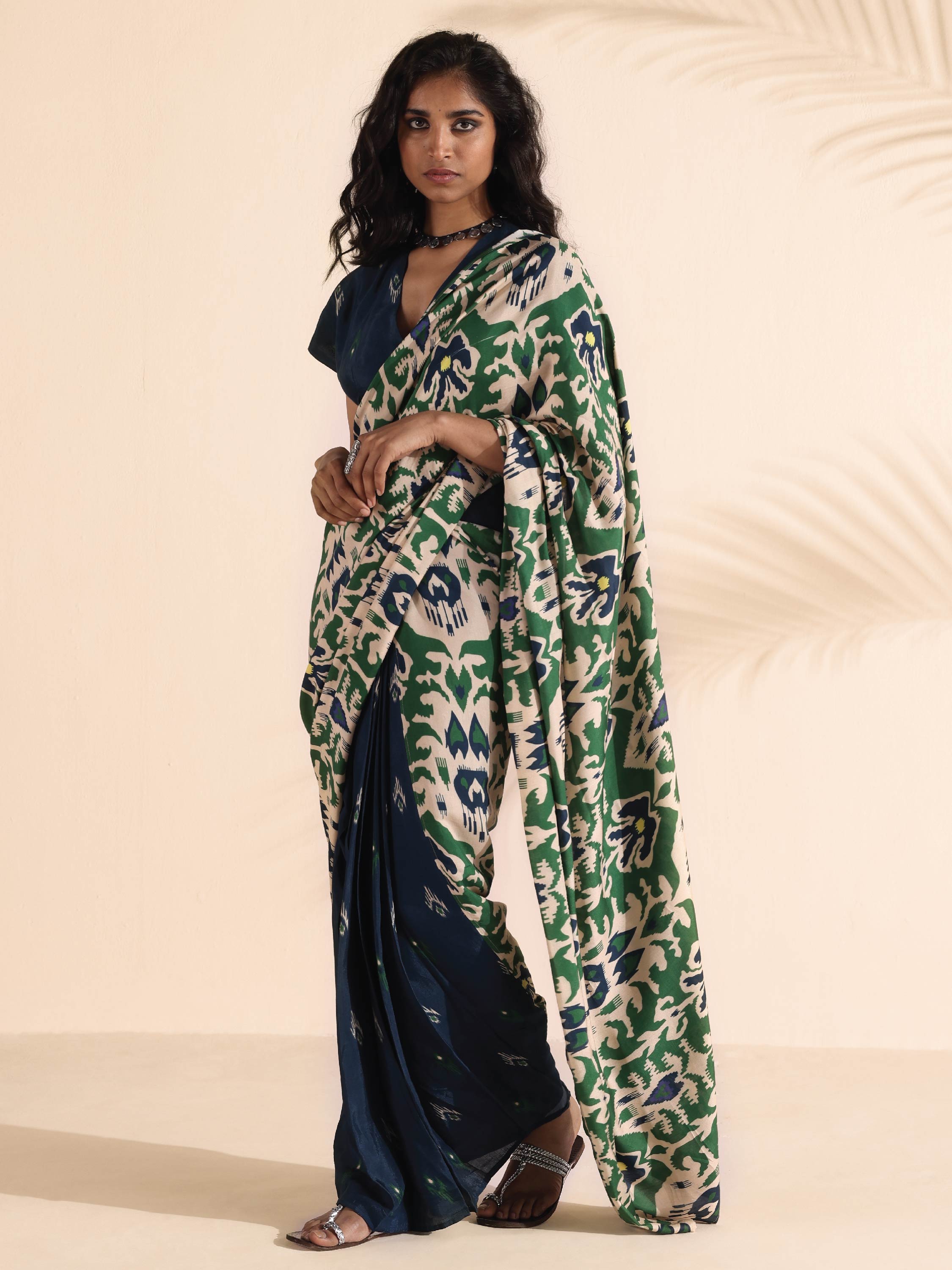 trueBrowns Green Blue Muslin Ikat Saree - Distacart