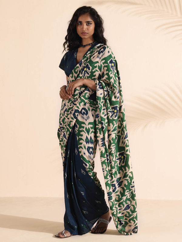 trueBrowns Green Blue Muslin Ikat Saree