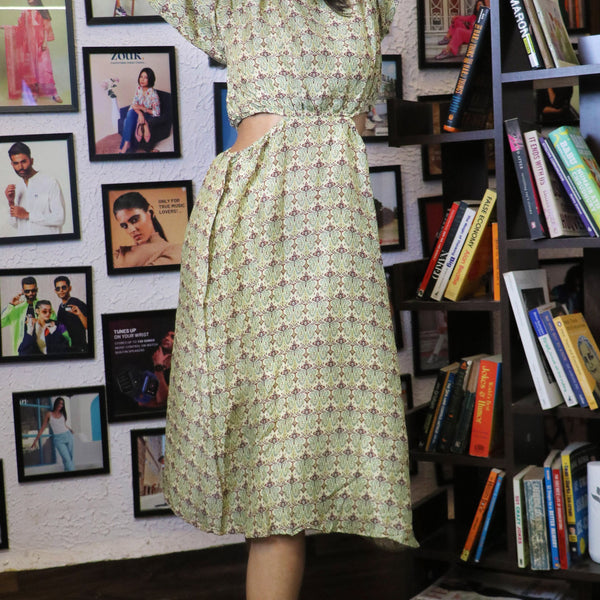 Noroke Sustainable fabric | Mushroom Ikat Cut-out Midi Dress - Printed - Distacart