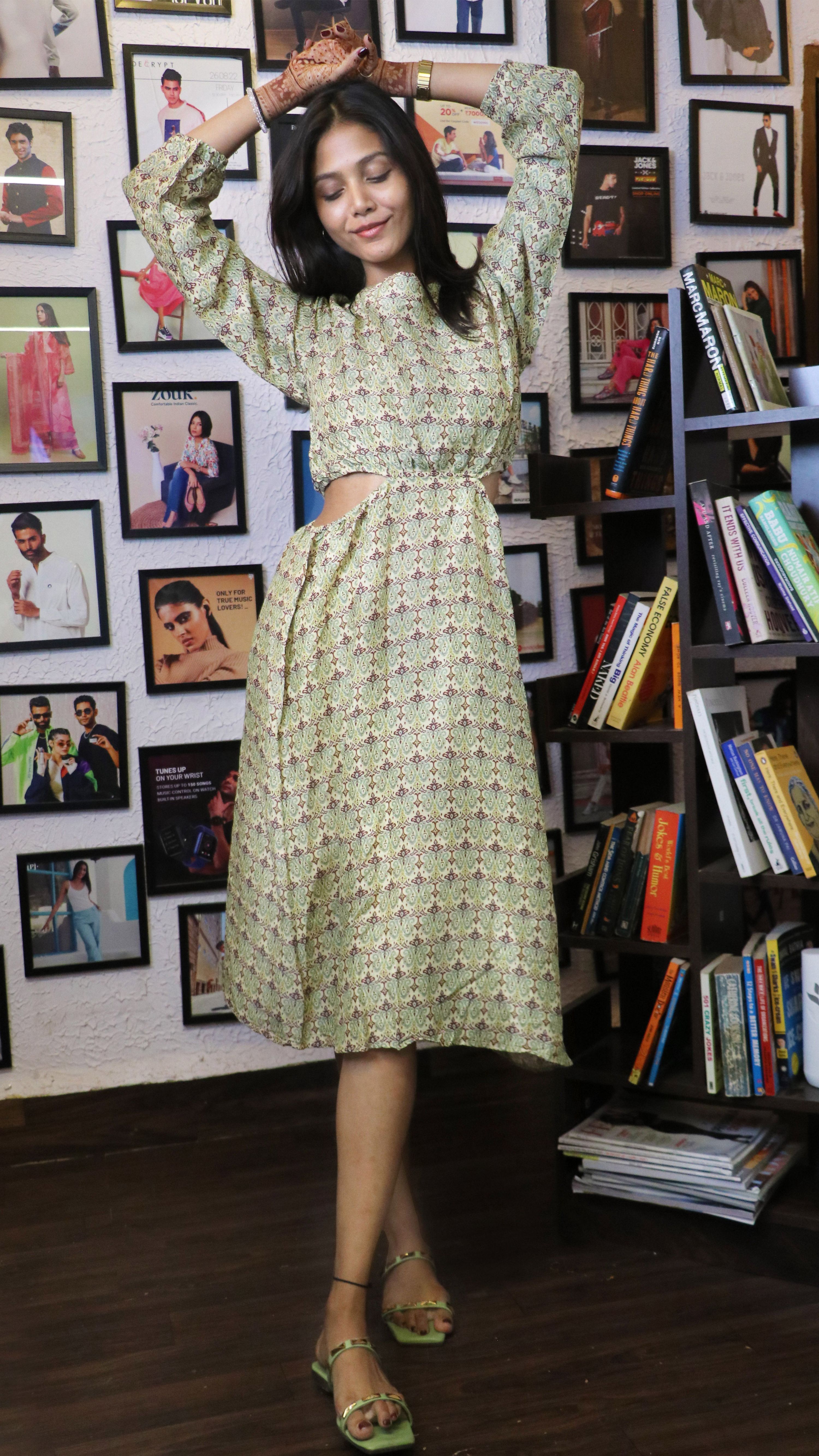 Noroke Sustainable fabric | Mushroom Ikat Cut-out Midi Dress - Printed - Distacart