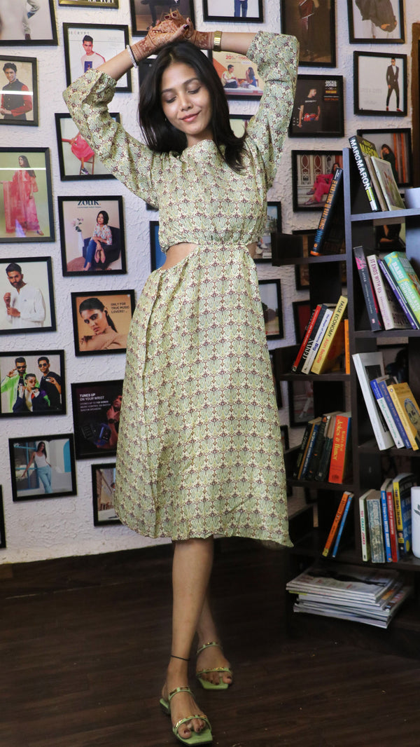 Noroke Sustainable fabric | Mushroom Ikat Cut-out Midi Dress - Printed - Distacart
