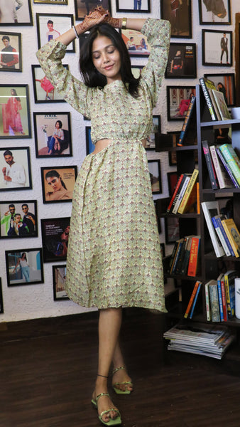 Noroke Sustainable fabric | Mushroom Ikat Cut-out Midi Dress - Printed - Distacart