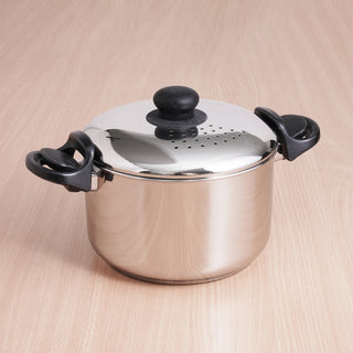 The Indus Valley Tri-steel Stainless Steel Rice Pot with Strainer Lid & Lockable Bakelite Handles, Tri-ply 3-Layer Heavy Bottom | Noodle/Pasta/Corn/Soya/Veggies Boiler Pot, Steamer Cooker, Induction & Gas, 1.08 Kg, 19cm, 3.5 L
