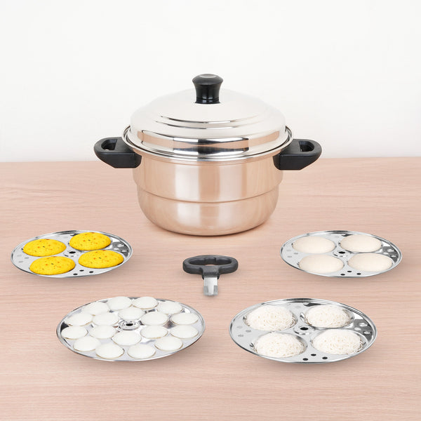 The Indus Valley Premium Stainless Steel idlipot regular with mini idli plates-(3+1) Idli/ Momo Maker/  Veg Steaming Set, Tri-ply Induction Bottom, 4 Plates