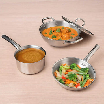 The Indus Valley TurboCuk Tri-ply Stainless Steel Cookware Set: 24cm Kadai with Lid + 22cm Fry Pan + 16cm Sauce pan, Premium Quality, 3 Layer Thick Body, 100% Toxin-free, Non-stick, Induction & Gas - Distacart