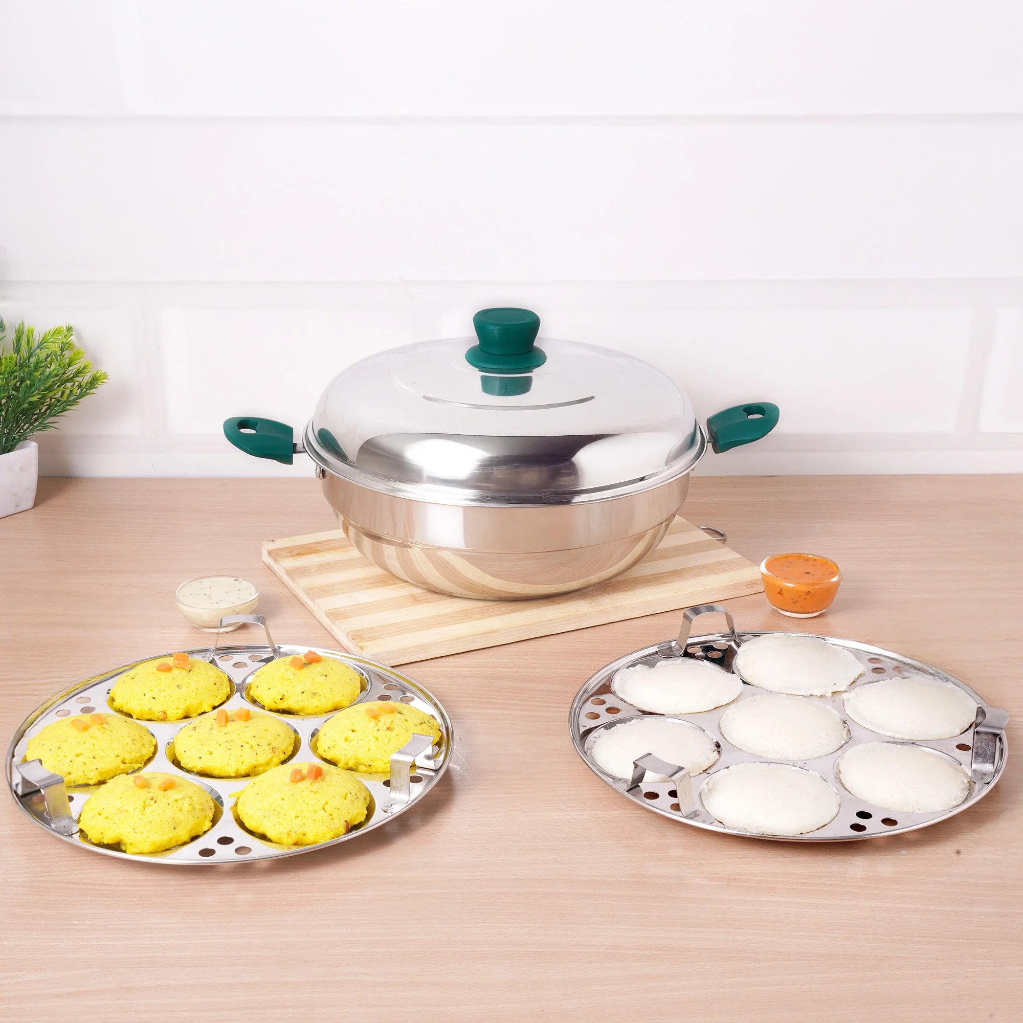 The Indus Valley 14 Pit Tri-Steel Multi Pot Premium Stainless Steel Idli/ Momo Maker/  Veg Steaming Set, Tri-ply Induction Bottom, 2 Plates, 27cm