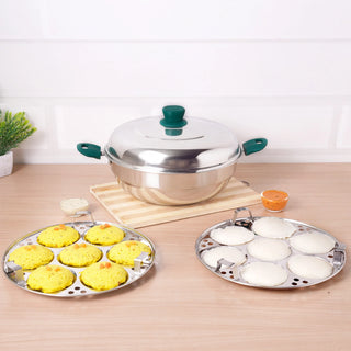 The Indus Valley 14 Pit Tri-Steel Multi Pot Premium Stainless Steel Idli/ Momo Maker/  Veg Steaming Set, Tri-ply Induction Bottom, 2 Plates, 27cm