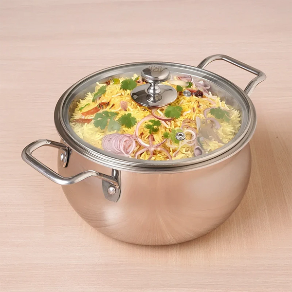 The Indus Valley TurboCuk Tri-ply Stainless Steel Handi Casserole/ Biryani Cooking Pot+ Glass Lid, Premium Quality, 3 Layer Thick Body, 100% Toxin-free, Non-stick, Induction & Gas, 4L