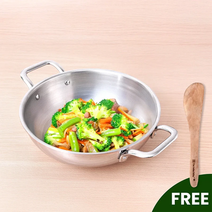 The Indus Valley TurboCuk Tri-ply Stainless Steel Kadai, Premium Quality, 3 Layer Thick Body, 100% Toxin-free, Non-stick, Induction & Gas, Free ₹110 Spatula, 1.7/2.7/3.5L - Distacart