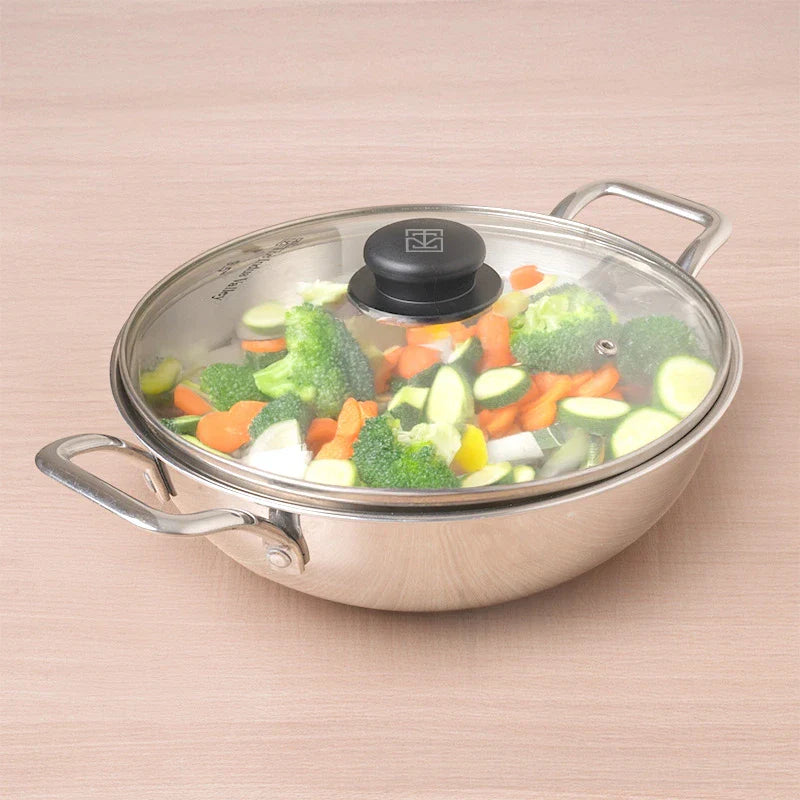 The Indus Valley TurboCuk Tri-ply Stainless Steel Kadai+ Glass Lid, Premium Quality, 3 Layer Thick Body, 100% Toxin-free, Non-stick, Induction & Gas, 1.7/2.7/3.5L - Distacart