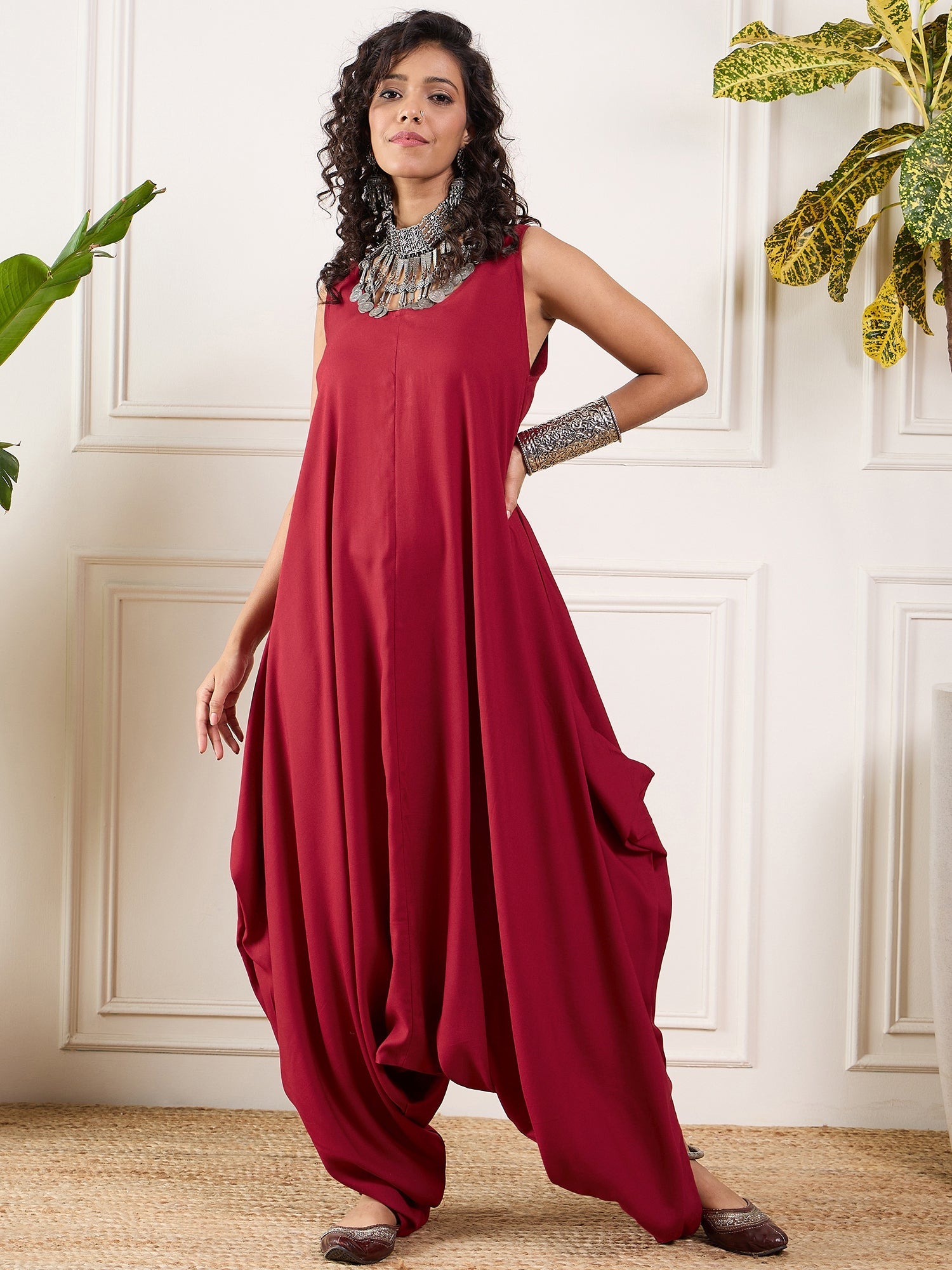 InWeave Maroon Round Sleeveless Jumpsuit - Distacart
