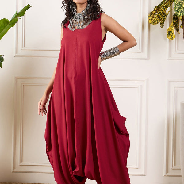 InWeave Maroon Round Sleeveless Jumpsuit - Distacart