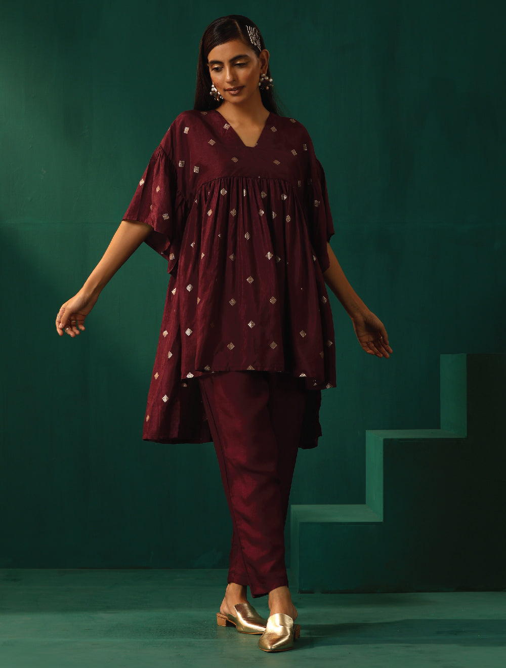 trueBrowns Wine Diamond Viscose Silk Waist Sleeve Gathered Co-ord Set - Distacart