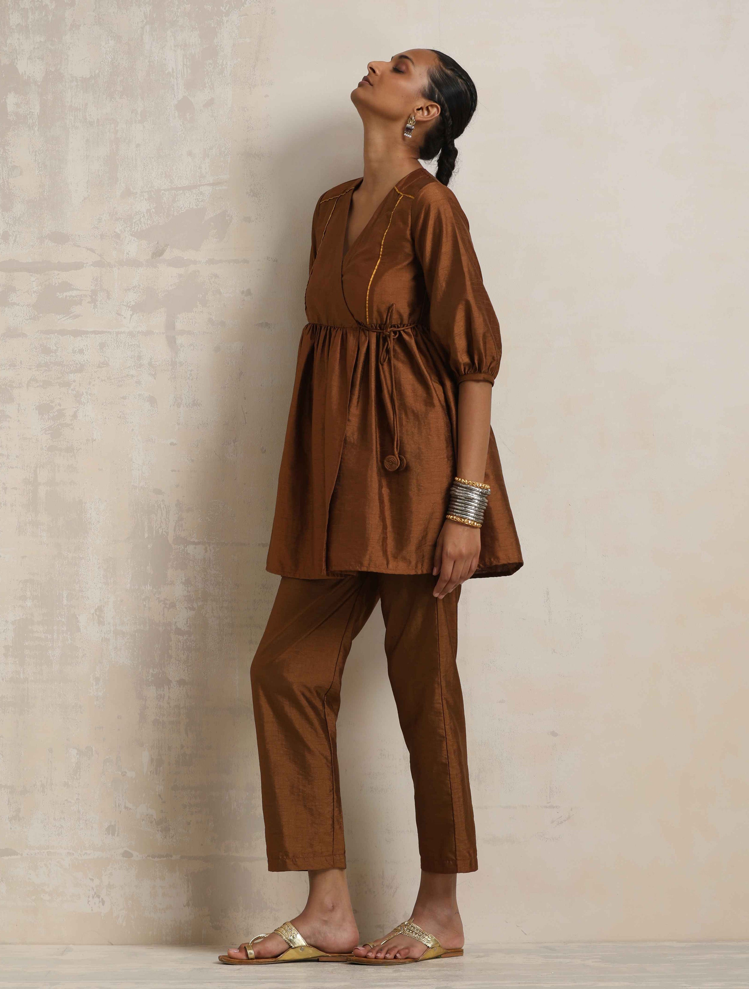 trueBrowns Brown Silk Angrakha Co-ord Set - Distacart