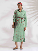 Thumbnail for trueBrowns Green Cotton Embroidered Shirt Dress - Distacart