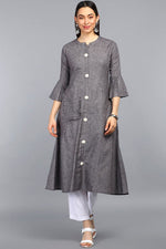 Thumbnail for Ahika Women Charcoal Grey & White Striped A Line Kurta - Distacart
