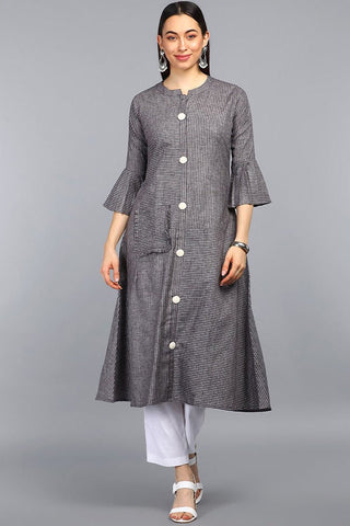 Ahika Women Charcoal Grey & White Striped A Line Kurta - Distacart