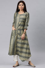 Thumbnail for Ahika Grey And Beige Striped A Line Panelled Kurta with pockets