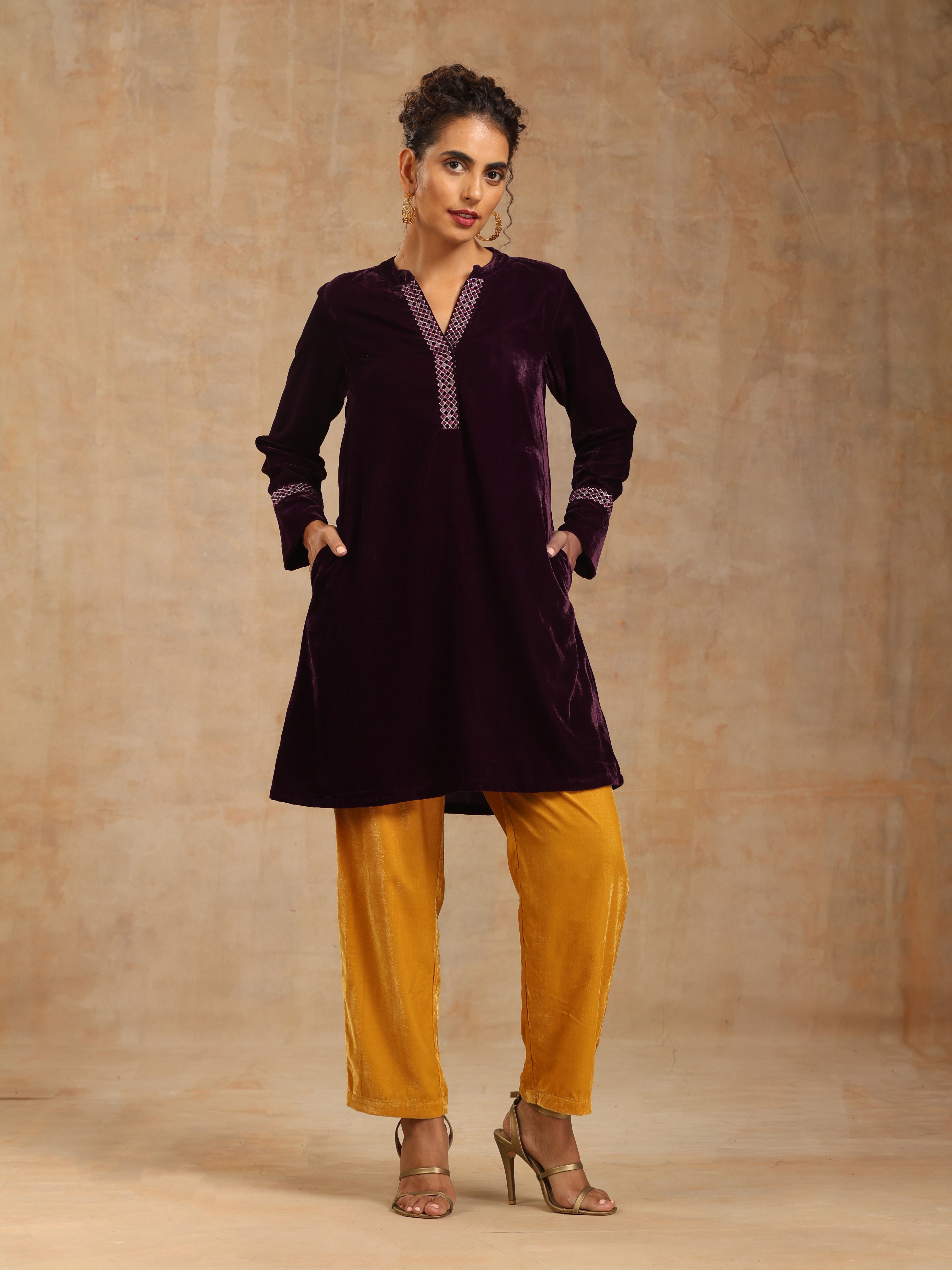 trueBrowns Wine Velvet Placket Embroidered Co-ord Set - Distacart