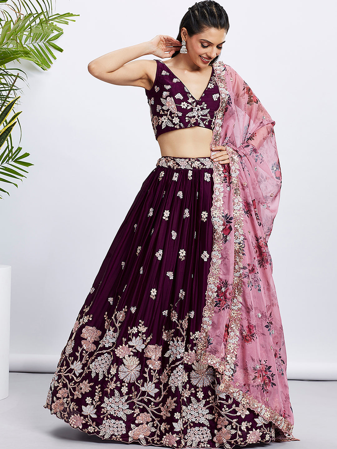 House of Panchhi Purple Pure Georgette Sequins And Thread Embroidery Lehenga Choli & Dupatta - Distacart