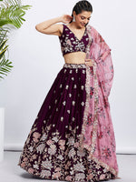 Thumbnail for House of Panchhi Purple Pure Georgette Sequins And Thread Embroidery Lehenga Choli & Dupatta - Distacart