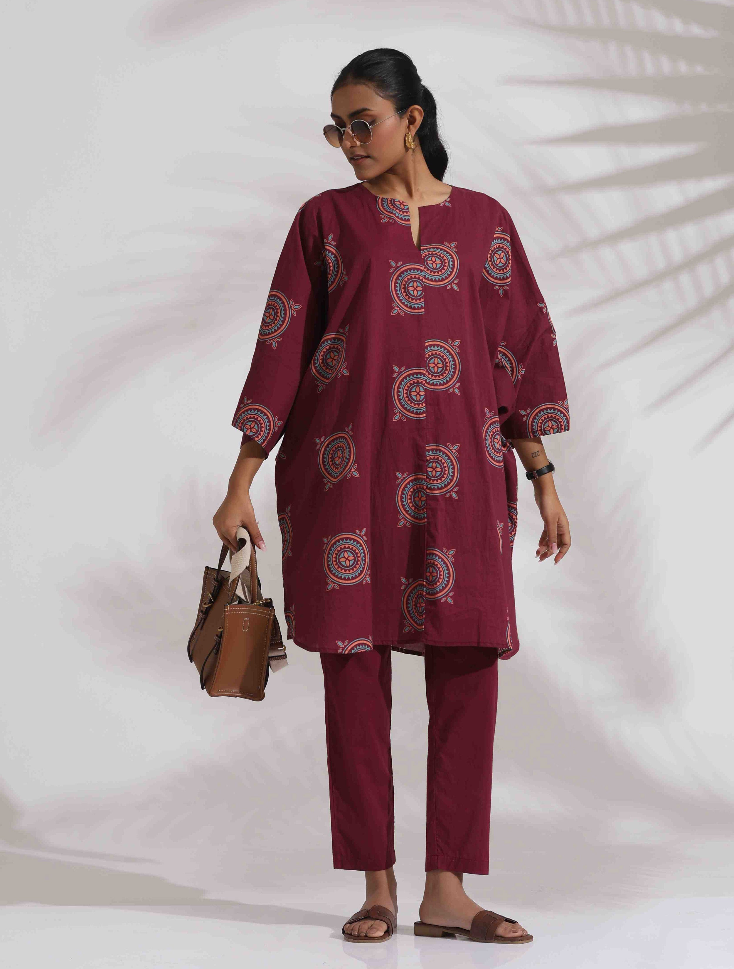 trueBrowns Purple Cotton Print Kurta Co-ord Set - Distacart