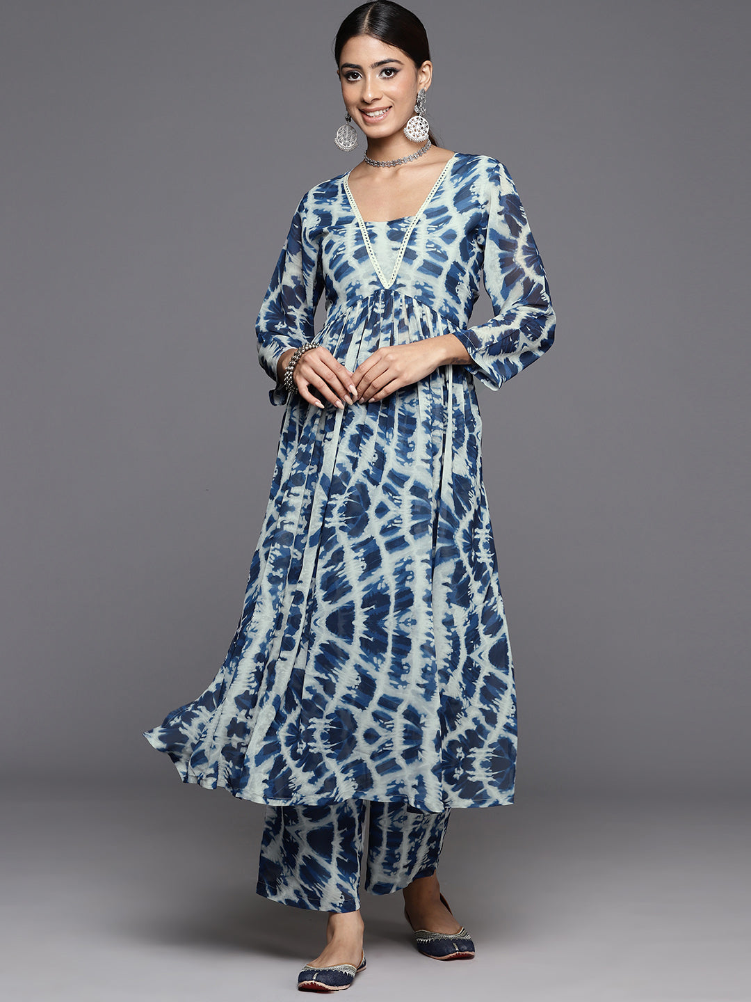 Varanga Women Blue Shibori Printed V-Neck A-Line Kurta Paired With Tonal Printed Bottom - Distacart