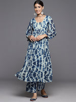 Thumbnail for Varanga Women Blue Shibori Printed V-Neck A-Line Kurta Paired With Tonal Printed Bottom - Distacart