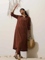 Thumbnail for trueBrowns Brown Cotton Linen Kurta Pant Set