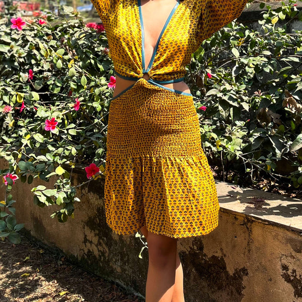 Noroke Yellow silk cut out short dress - Distacart