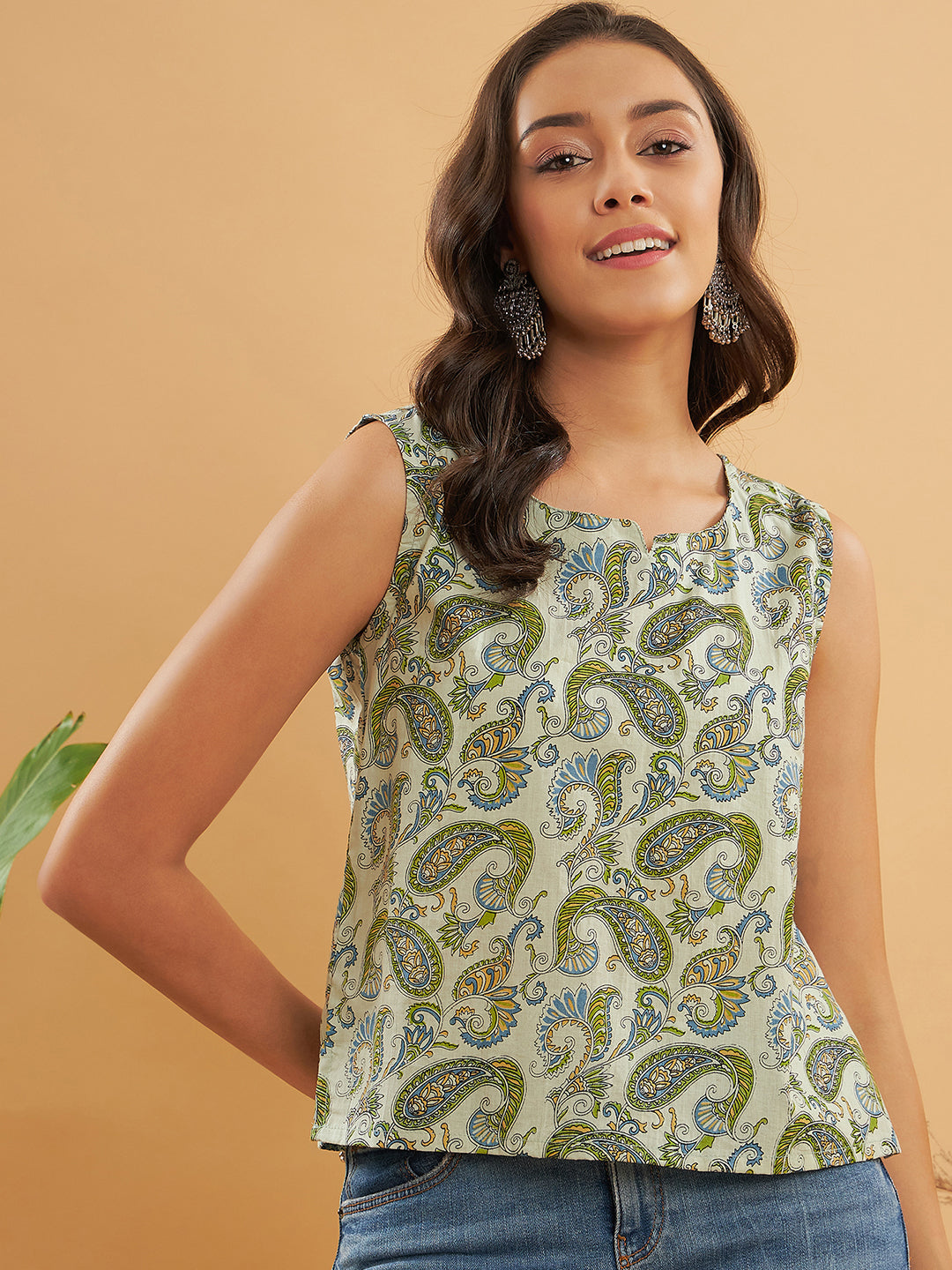InWeave Sage Green Paisley Print W/U Top - Distacart