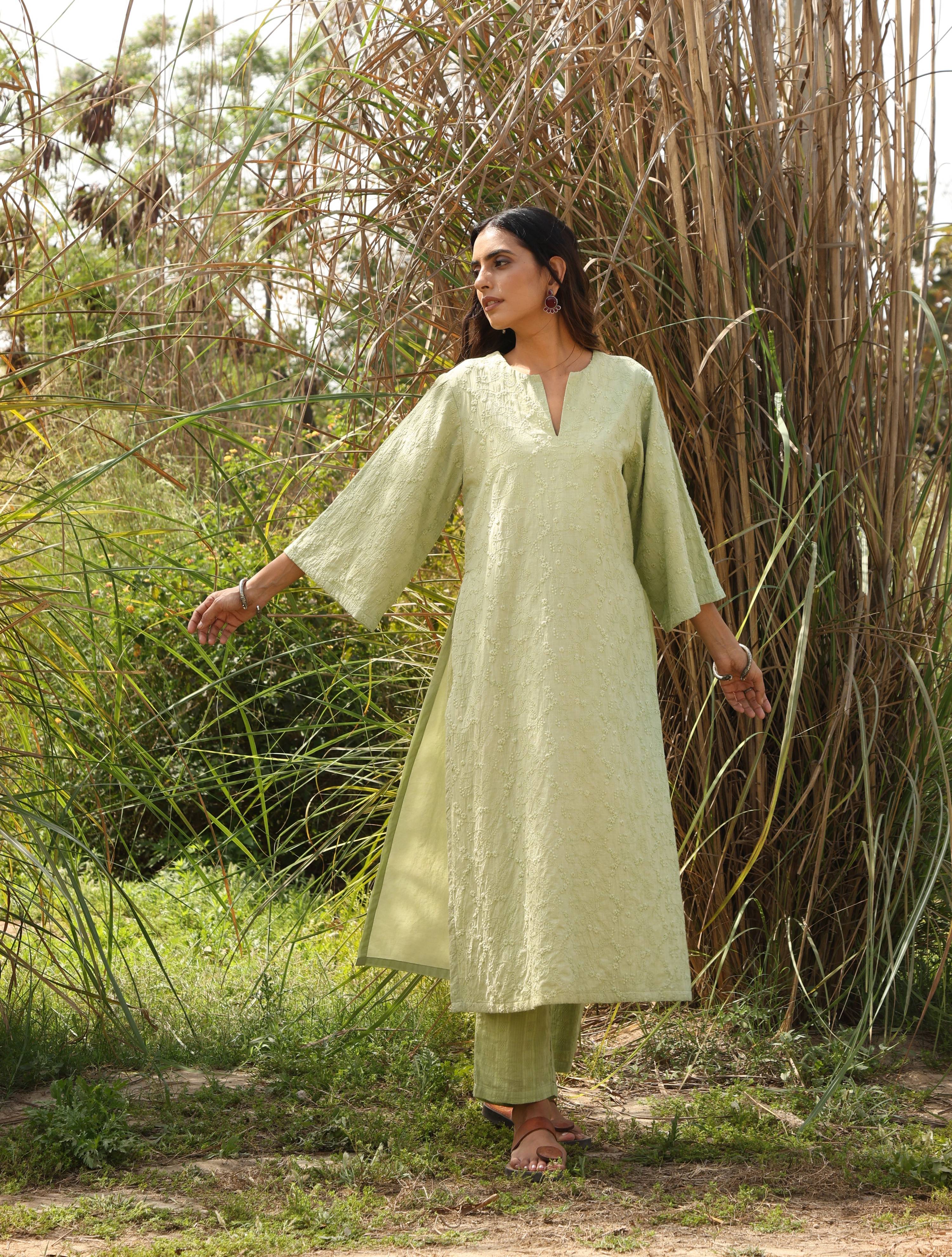trueBrowns Green Cotton Embroidered Kurta Set - Distacart