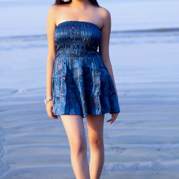 Noroke Modal Steel Blue Printed Mini Tiered Dress - Distacart