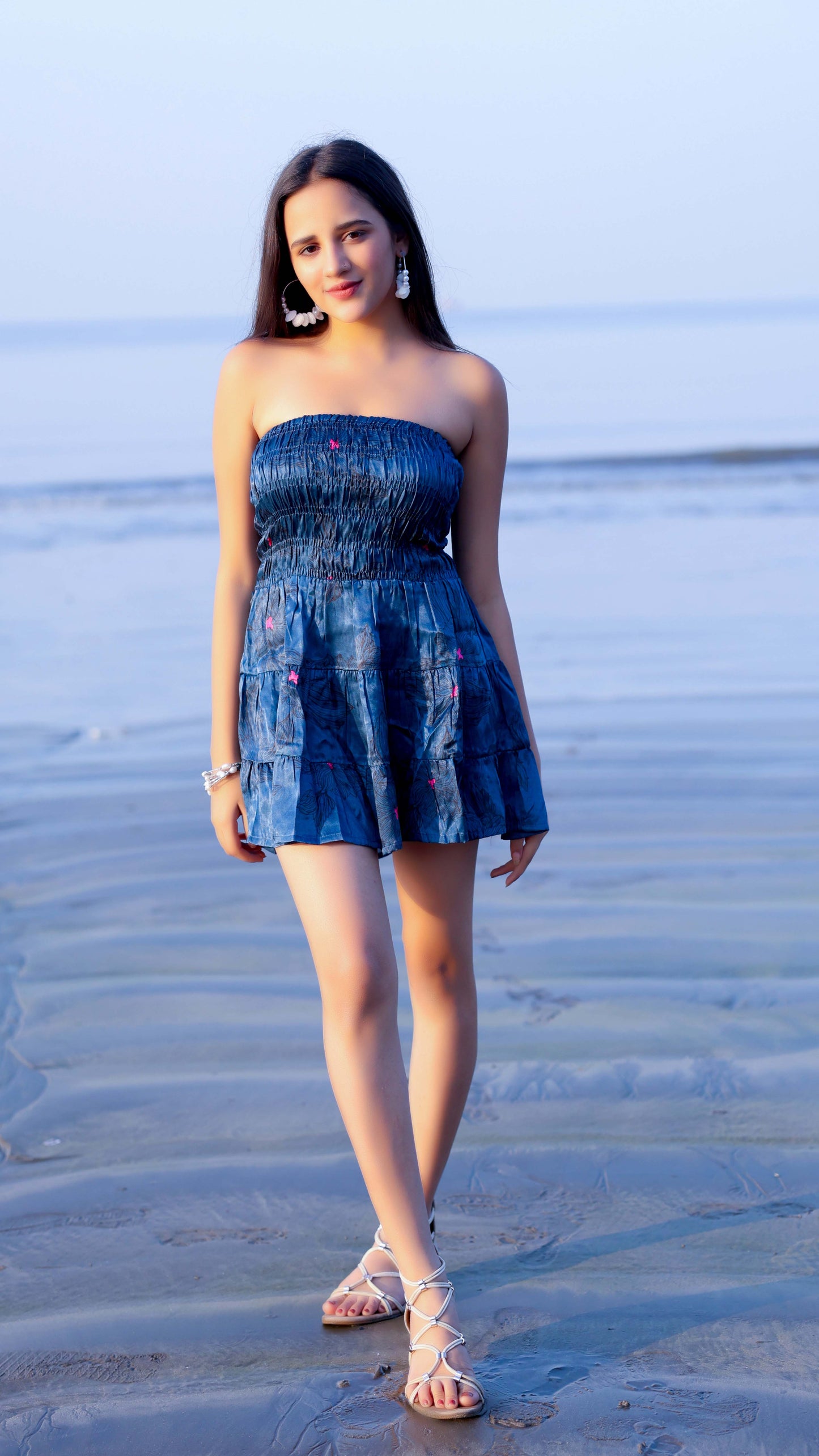 Noroke Modal Steel Blue Printed Mini Tiered Dress - Distacart
