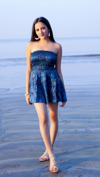 Noroke Modal Steel Blue Printed Mini Tiered Dress - Distacart