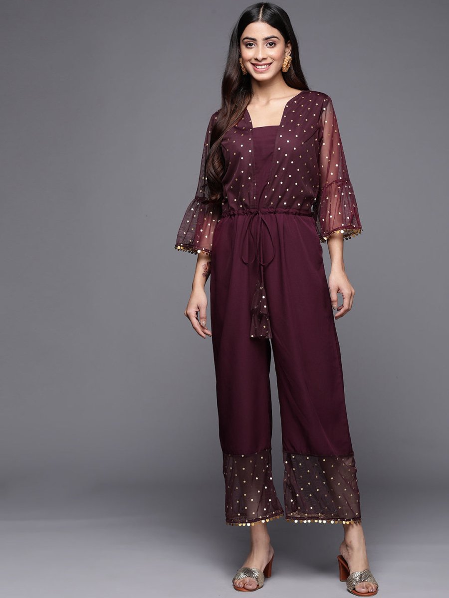 Ahalyaa Printed Bell Sleeves Crepe Basic Jumpsuit With Waist Tie-Ups - Distacart