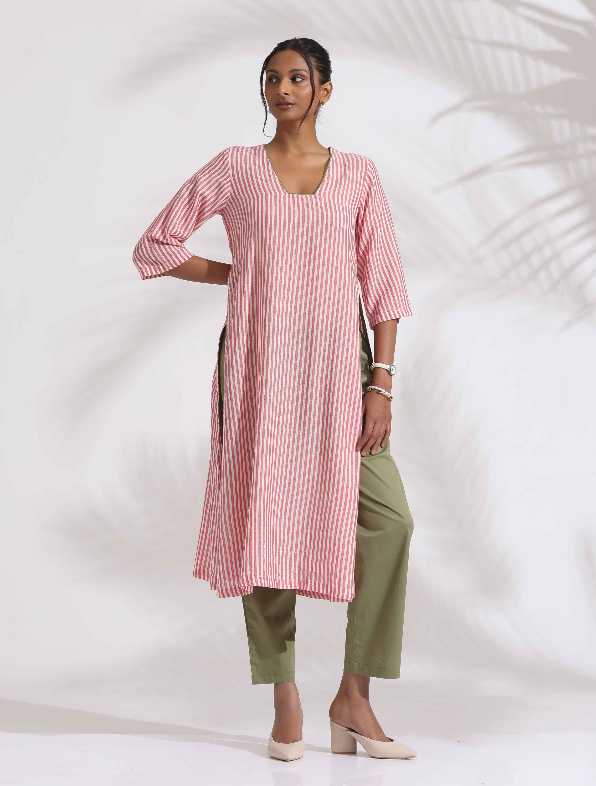 trueBrowns Red Cotton Stripe Straight Kurta Set - Distacart