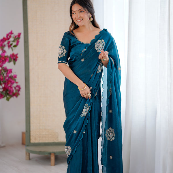 Evanik Designer Heavy Fendy Satin With Beads Embroidered Work Saree With Unstitched Blouse