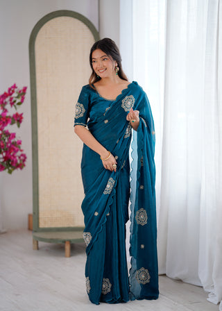 Evanik Designer Heavy Fendy Satin With Beads Embroidered Work Saree With Unstitched Blouse