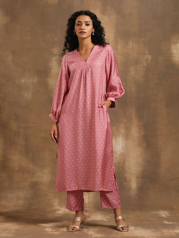 trueBrowns Light Mauve Bandhani Printed Silk Kurta Pant Set - Distacart