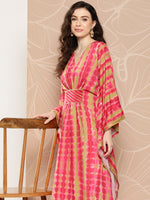 Thumbnail for Ahalyaa Women Printed Flared Sleeves Gotta Patti Belted Detail Crepe Kaftan Kurta - Distacart