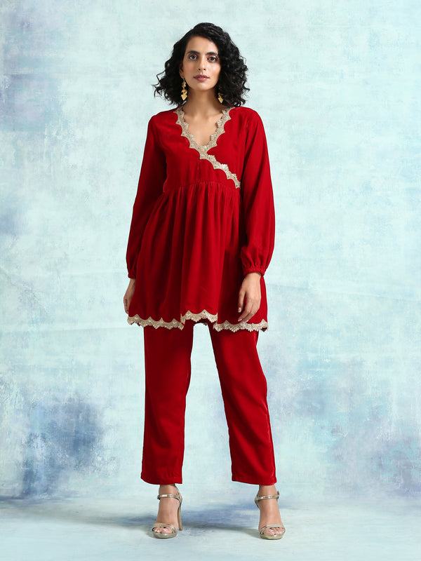 trueBrowns True Red Velvet Lace Co-Ord Set - Distacart