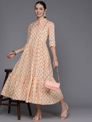 Ahalyaa Floral Print Mandarin Collar Tiered Midi Pure Cotton Ethnic Dress - Distacart
