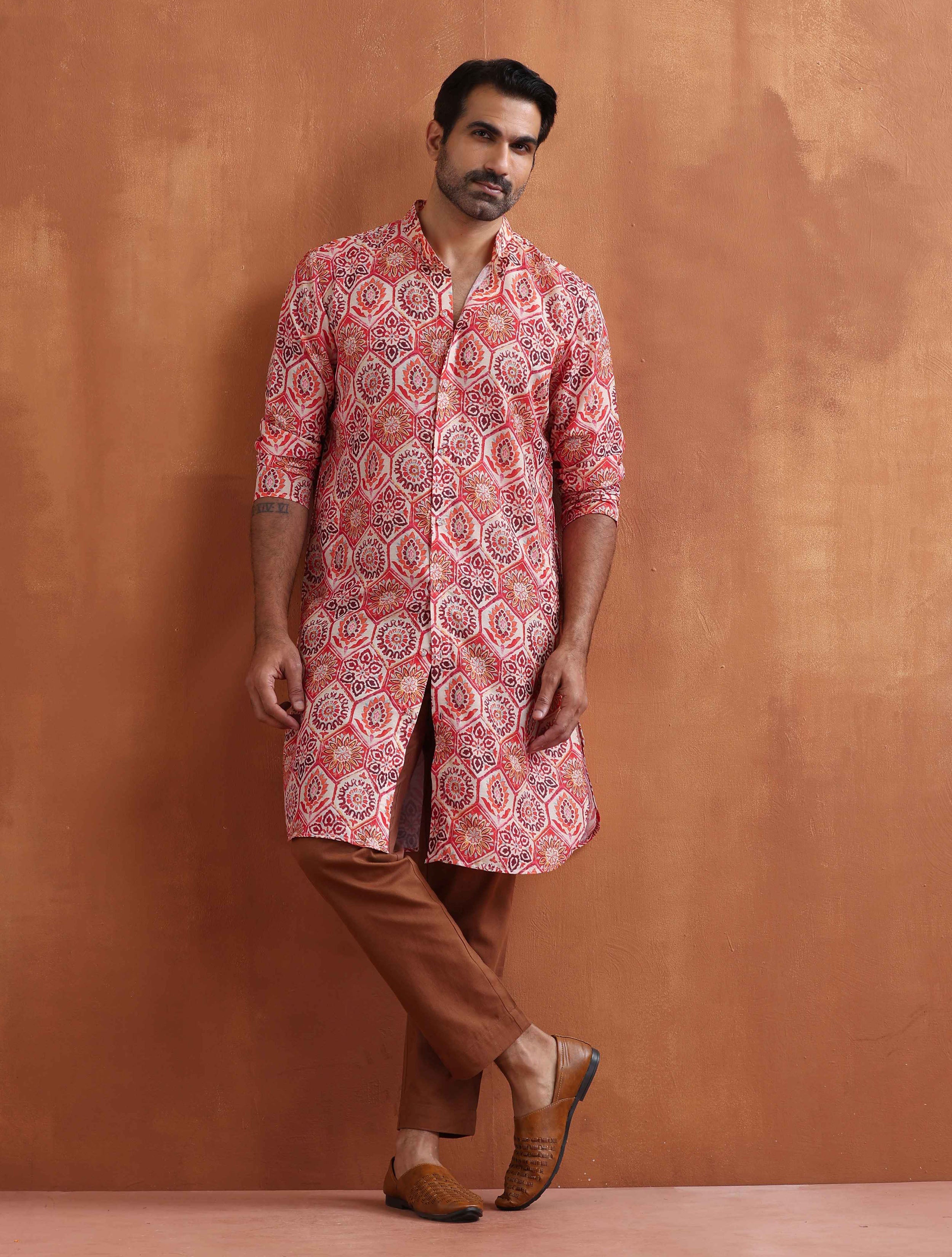 trueBrowns Men's Beige Printed Front Open Kurta - Distacart